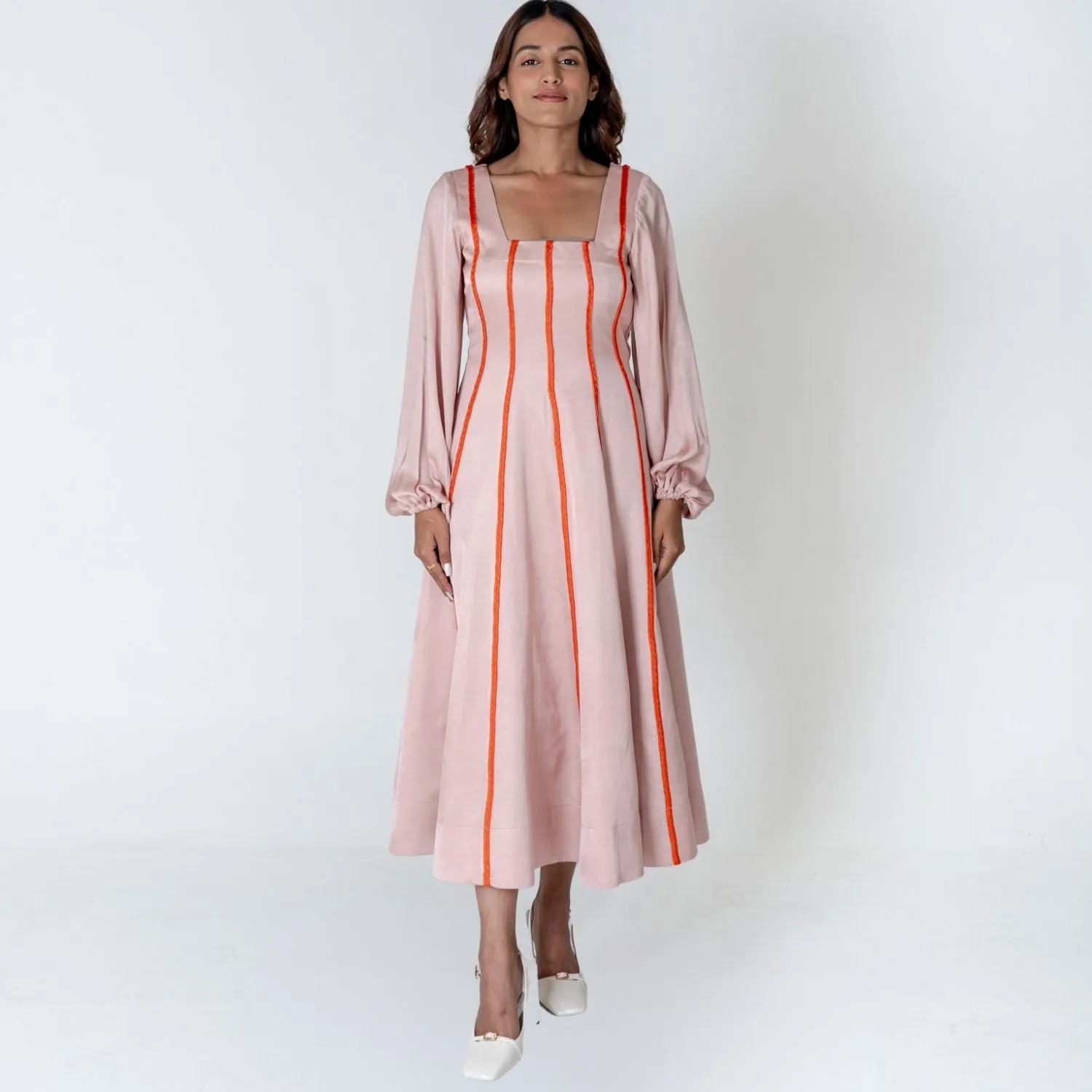 Pink Maxi Dress | Orange Braid Embellished | Modal Silk | Style Statement