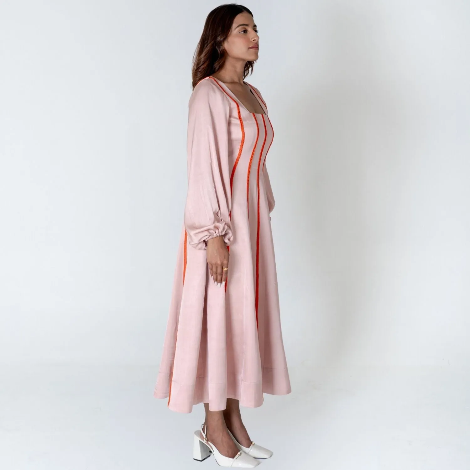 Pink Maxi Dress | Orange Braid Embellished | Modal Silk | Style Statement