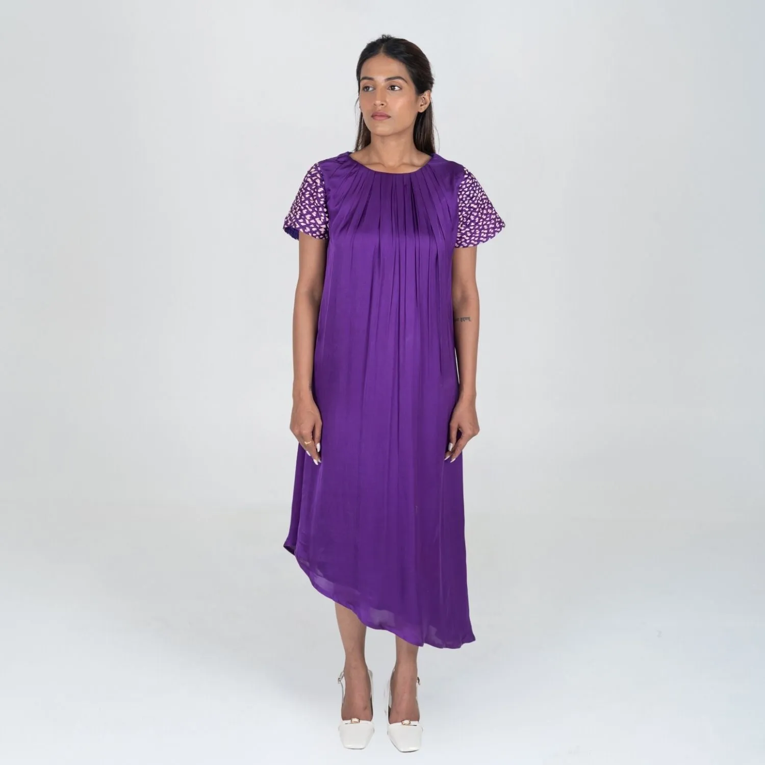Purple Colour Block Midi Dress | Embellished Sleeve | Contemporary Classics