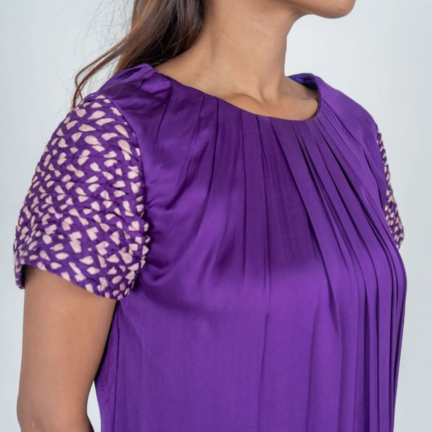 Purple Colour Block Midi Dress | Embellished Sleeve | Contemporary Classics