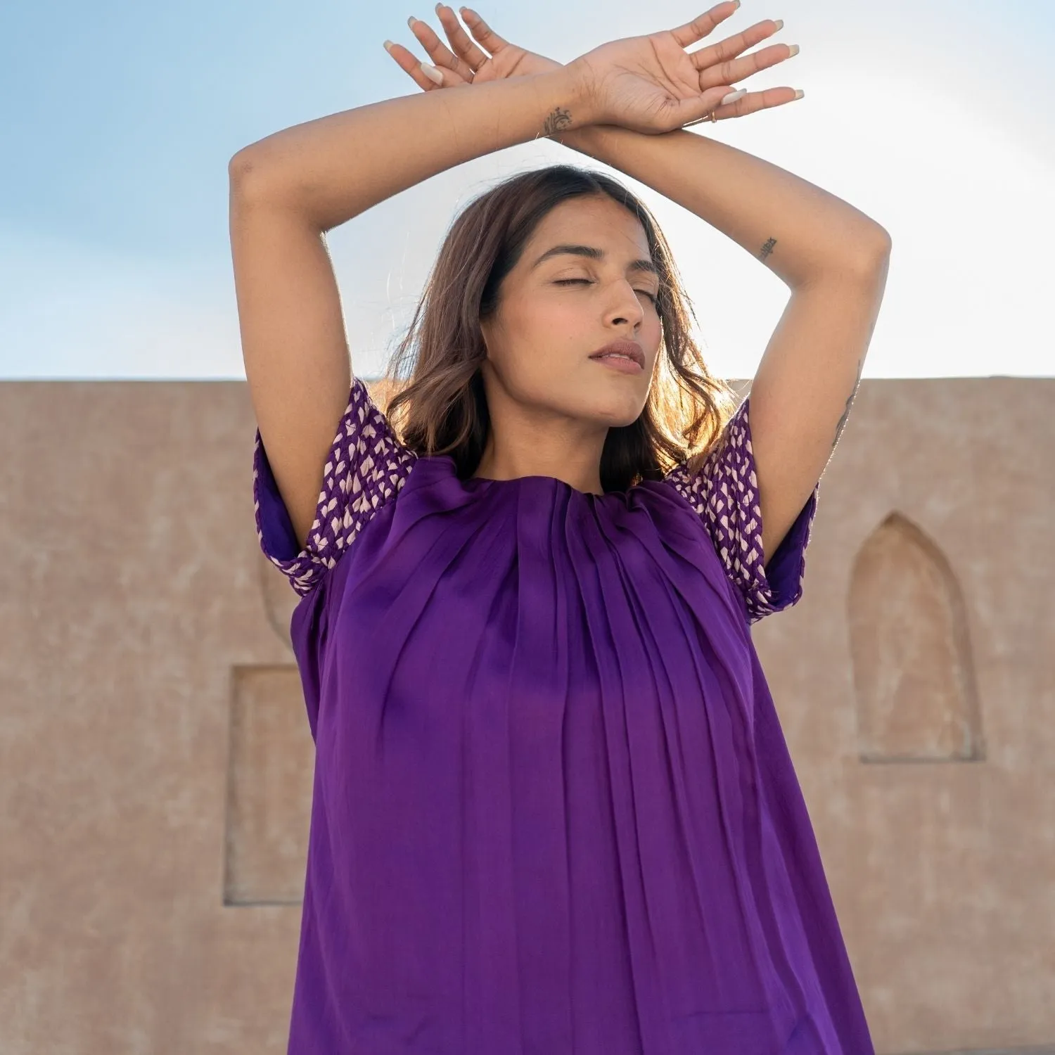Purple Colour Block Midi Dress | Embellished Sleeve | Contemporary Classics