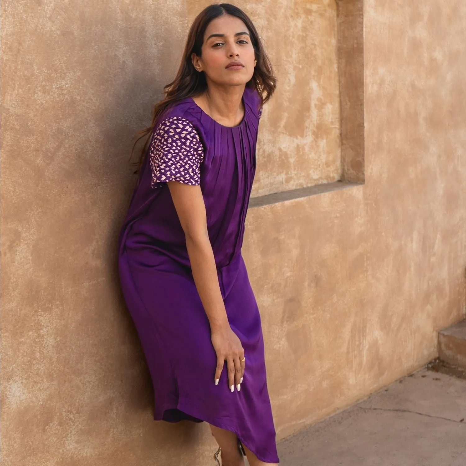 Purple Colour Block Midi Dress | Embellished Sleeve | Contemporary Classics