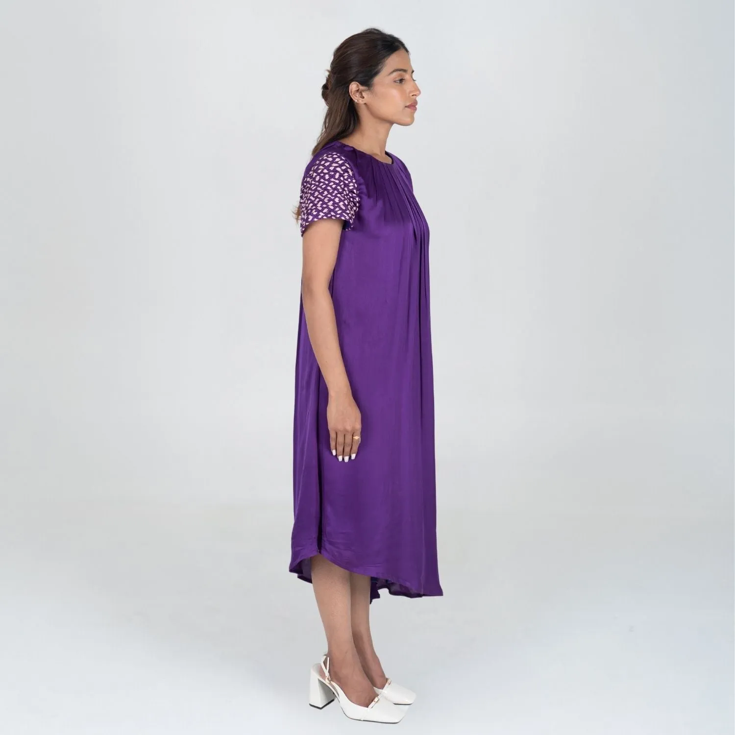 Purple Colour Block Midi Dress | Embellished Sleeve | Contemporary Classics