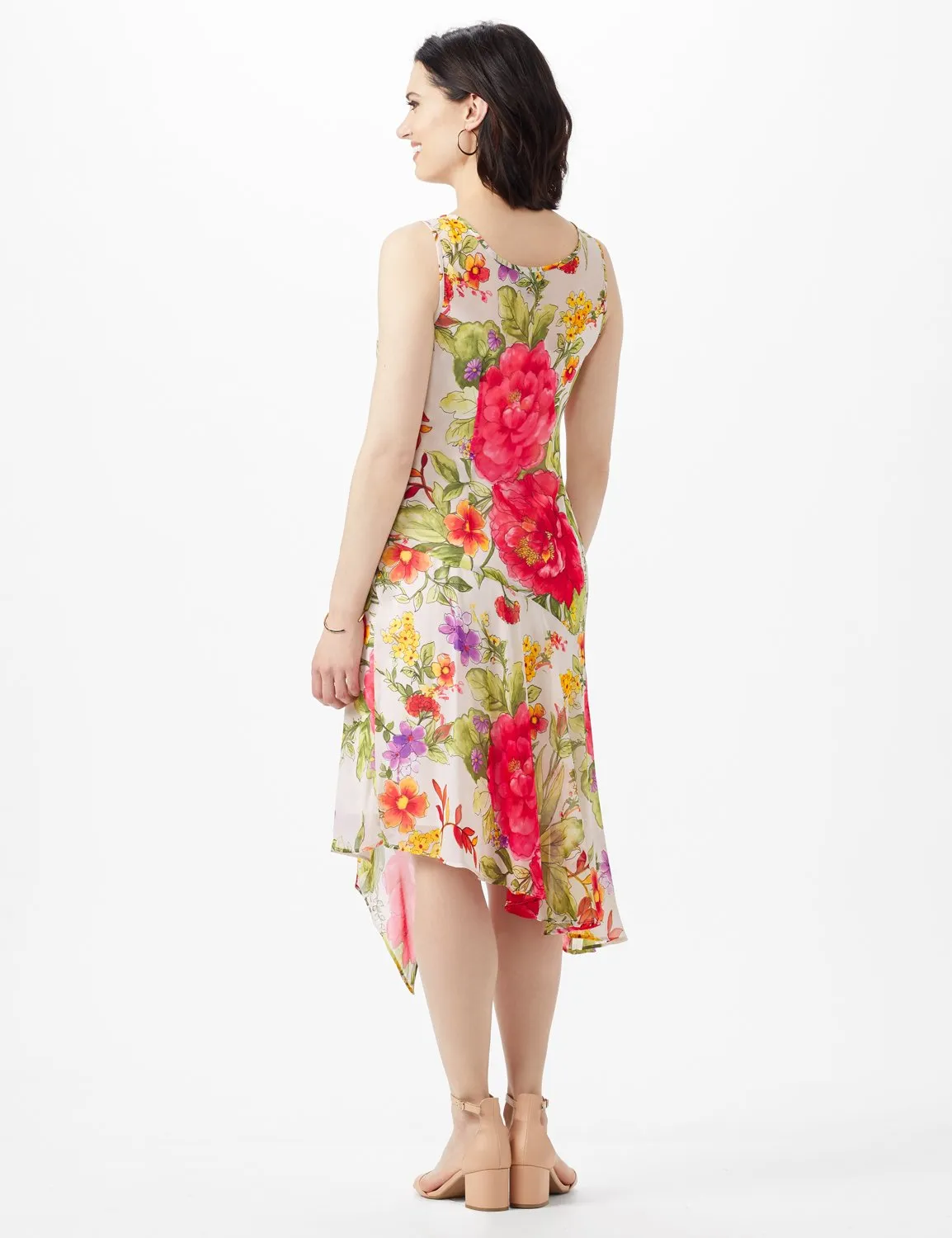 Sleeveless Drape Neck Asymmetrical Hem Floral Dress