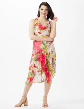 Sleeveless Drape Neck Asymmetrical Hem Floral Dress