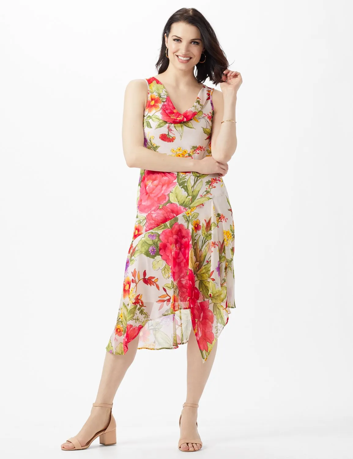 Sleeveless Drape Neck Asymmetrical Hem Floral Dress
