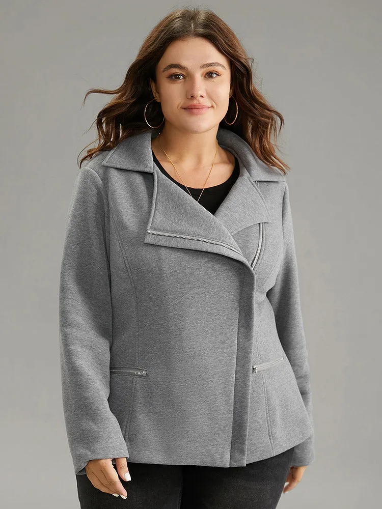 Solid Zipper Asymmetrical Pocket Lapel Collar Coat