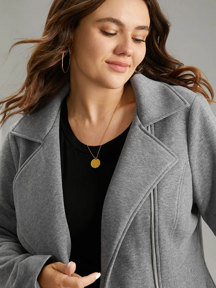 Solid Zipper Asymmetrical Pocket Lapel Collar Coat