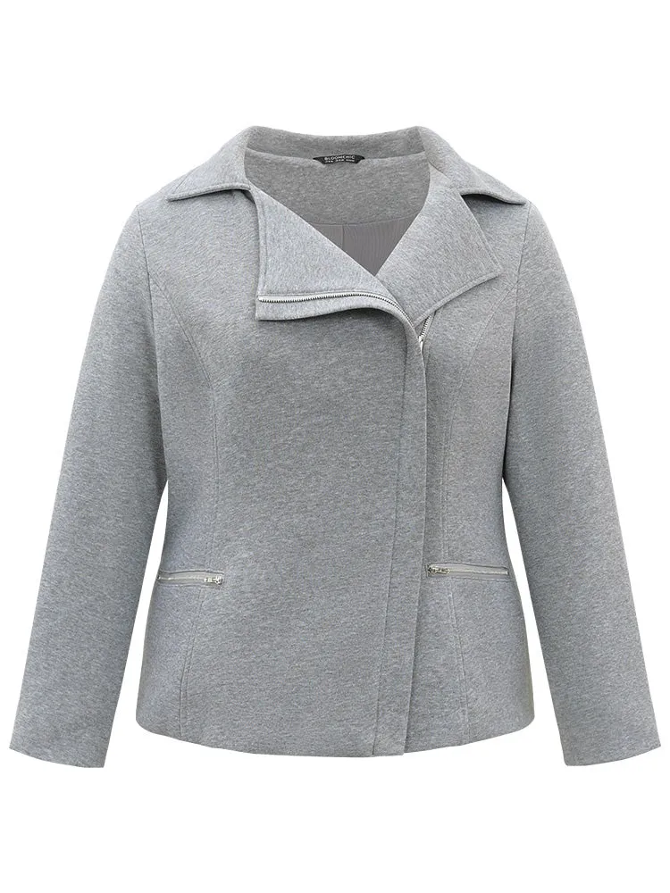 Solid Zipper Asymmetrical Pocket Lapel Collar Coat