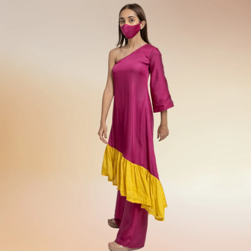 Wine-Yellow One Shoulder Colour Block Co-ord Kurta Set | Modal