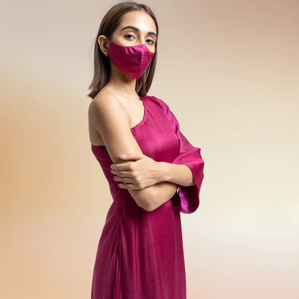 Wine-Yellow One Shoulder Colour Block Co-ord Kurta Set | Modal