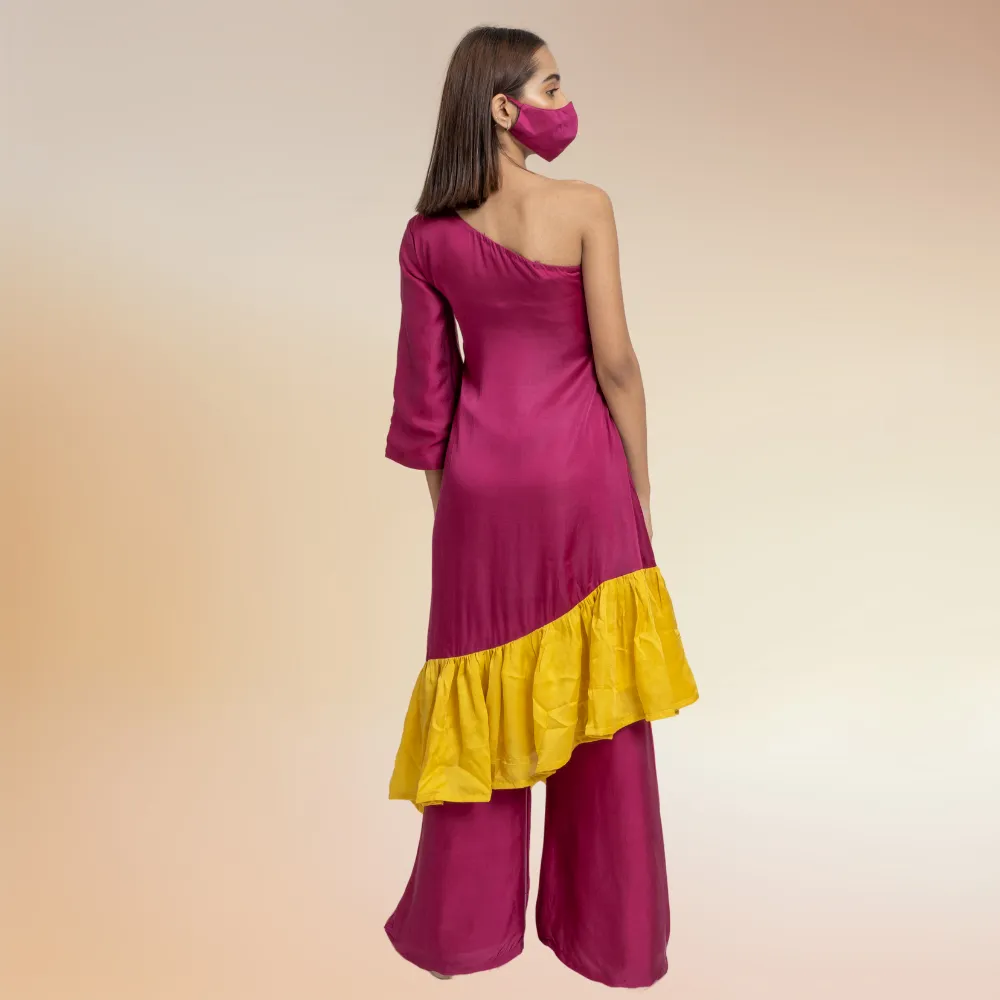 Wine-Yellow One Shoulder Colour Block Co-ord Kurta Set | Modal