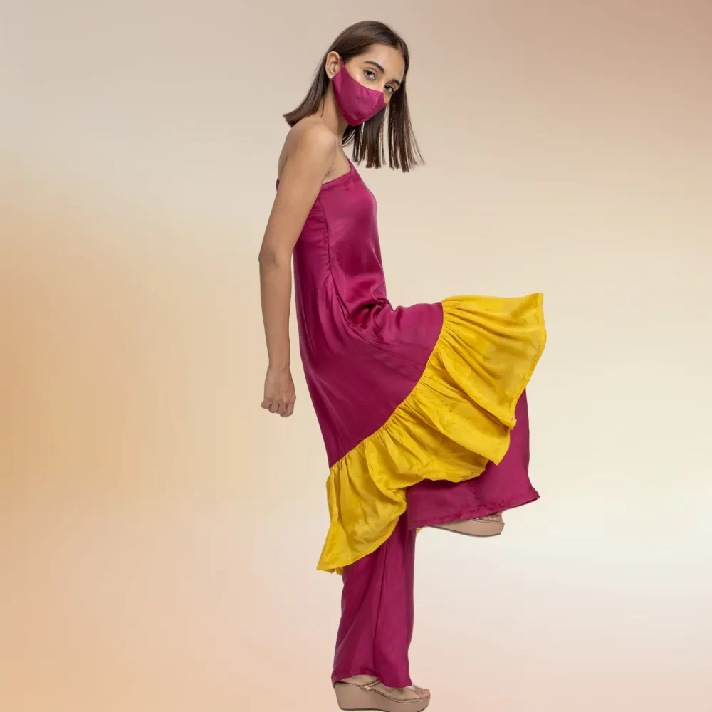 Wine-Yellow One Shoulder Colour Block Co-ord Kurta Set | Modal