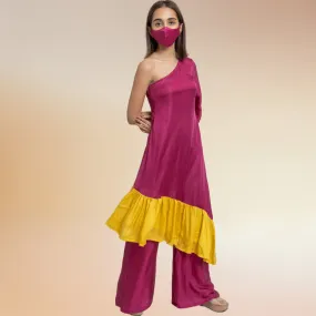 Wine-Yellow One Shoulder Colour Block Co-ord Kurta Set | Modal