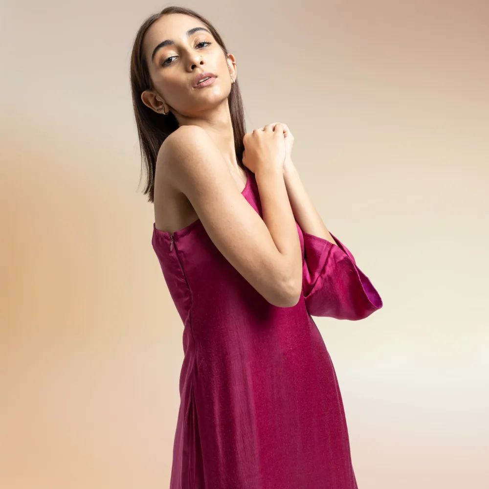 Wine-Yellow One Shoulder Colour Block Co-ord Kurta Set | Modal