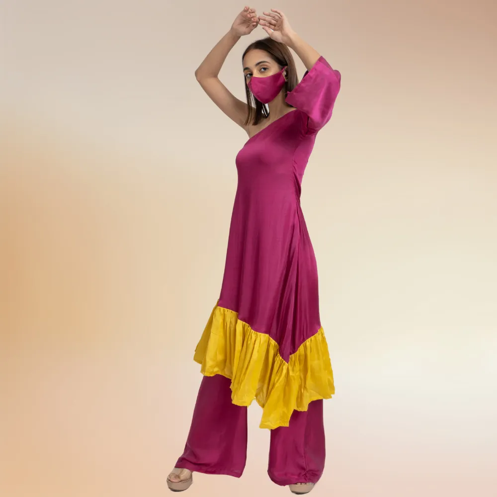 Wine-Yellow One Shoulder Colour Block Co-ord Kurta Set | Modal