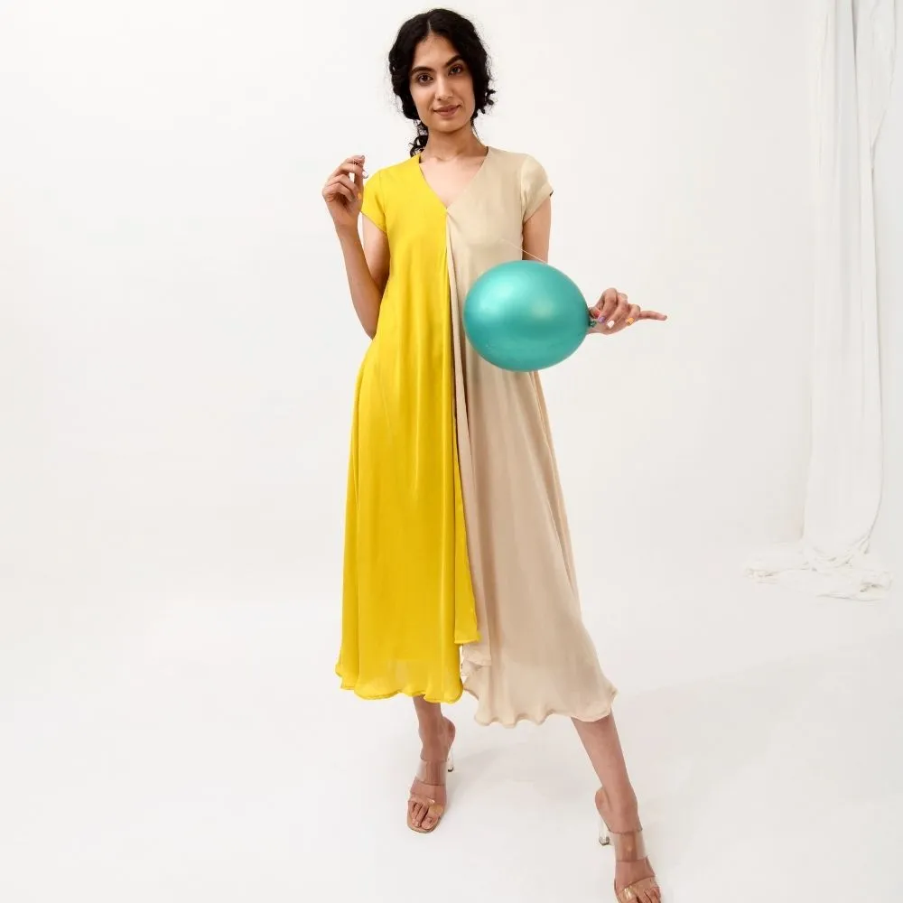 Yellow-Ecru Cap Colour Block Dress | Modal Silk | Chic Appeal
