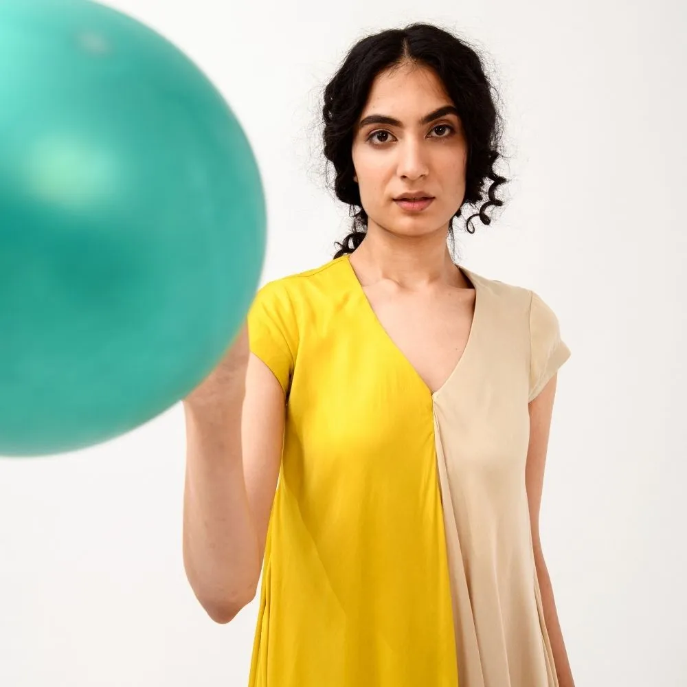 Yellow-Ecru Cap Colour Block Dress | Modal Silk | Chic Appeal