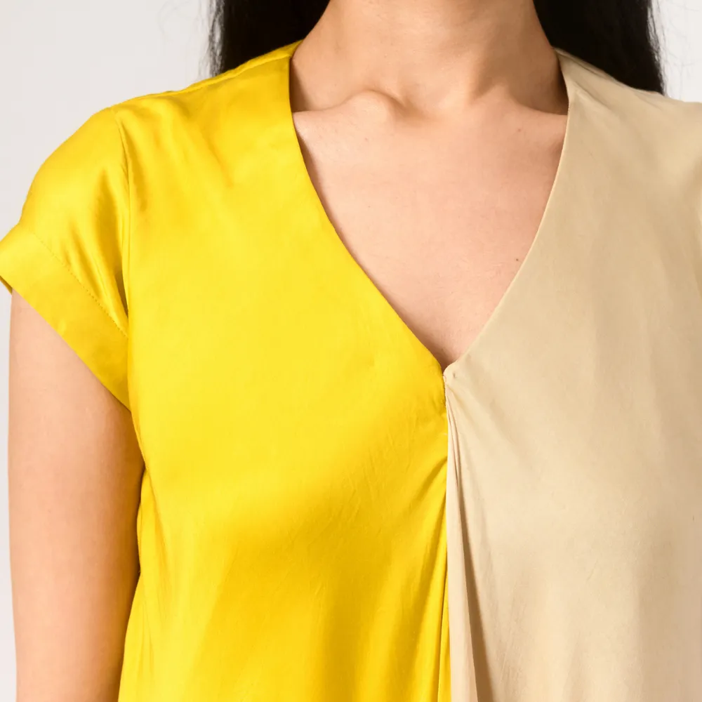 Yellow-Ecru Cap Colour Block Dress | Modal Silk | Chic Appeal