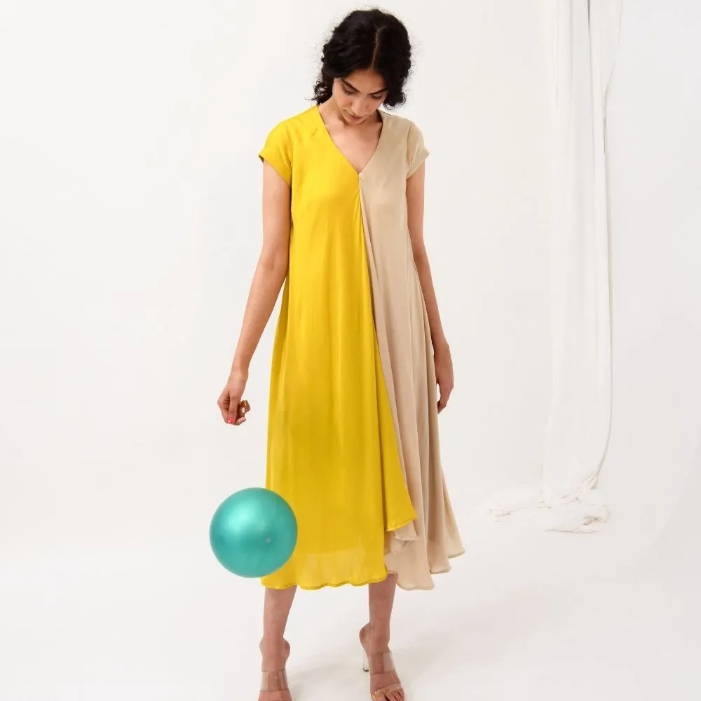 Yellow-Ecru Cap Colour Block Dress | Modal Silk | Chic Appeal