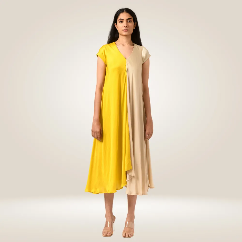 Yellow-Ecru Cap Colour Block Dress | Modal Silk | Chic Appeal