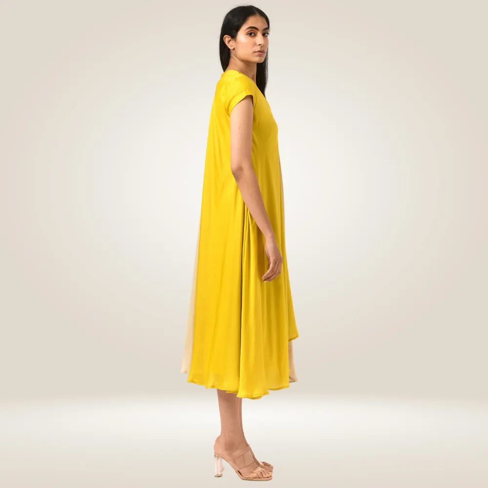 Yellow-Ecru Cap Colour Block Dress | Modal Silk | Chic Appeal