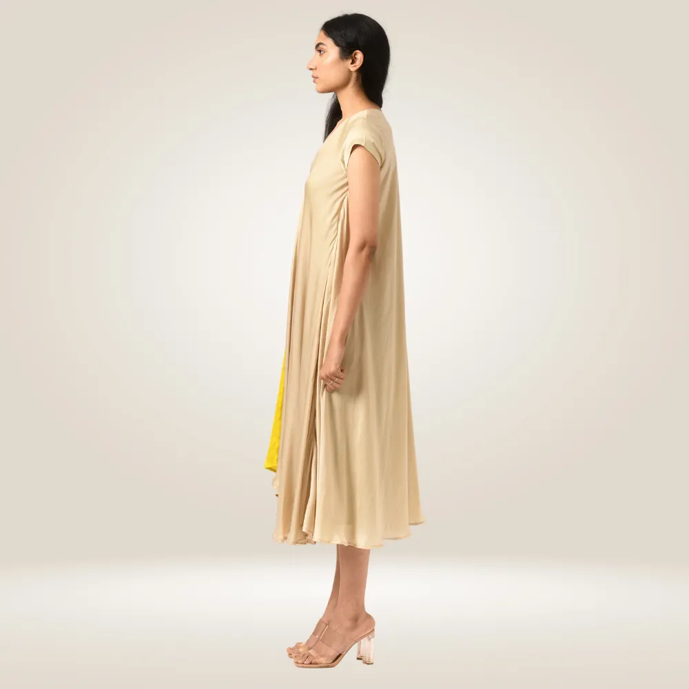 Yellow-Ecru Cap Colour Block Dress | Modal Silk | Chic Appeal