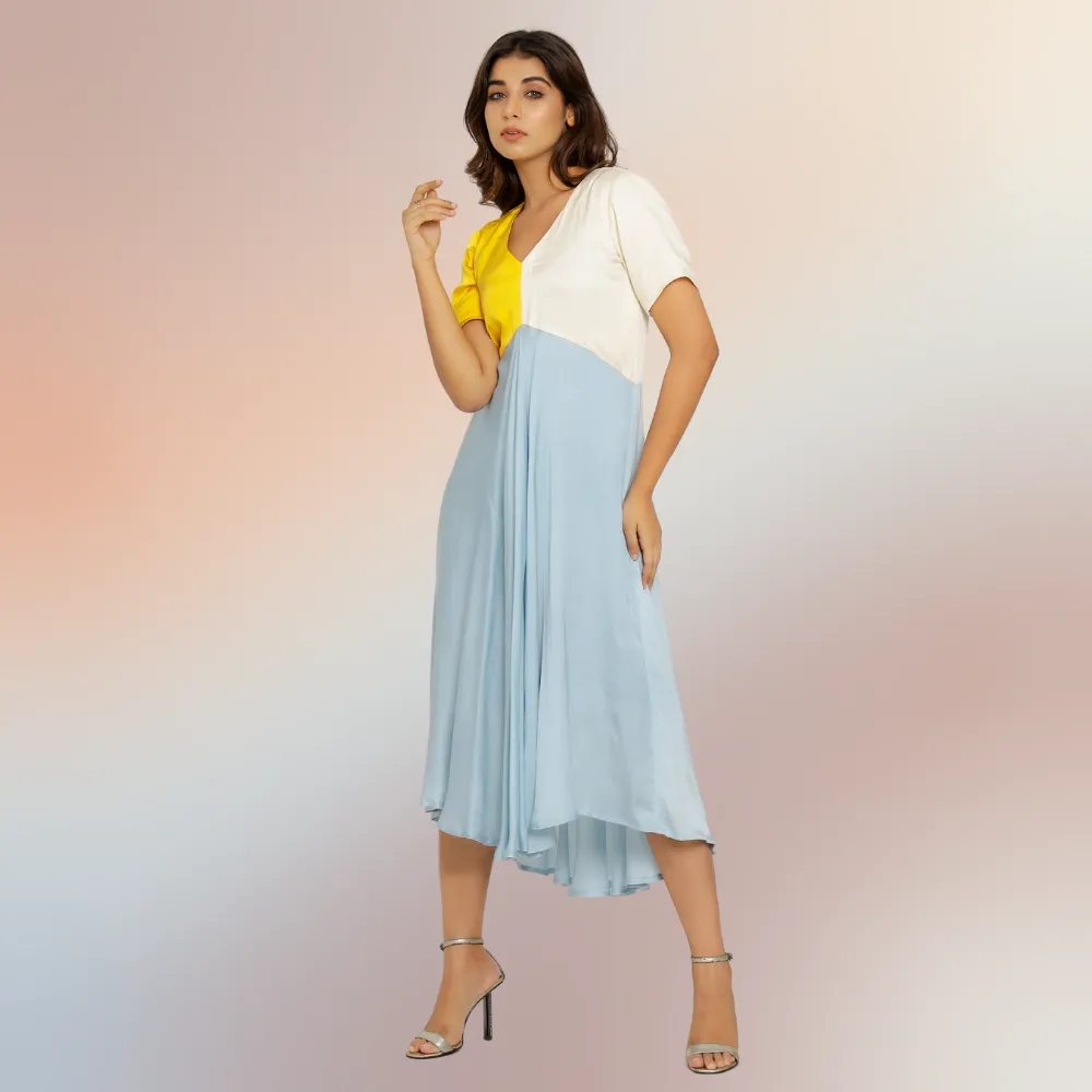 Yellow-Ice Blue-Ivory Tri-Color Block Midi Dress | Modal Silk | Occasion Wear