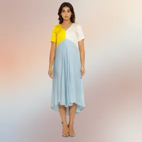 Yellow-Ice Blue-Ivory Tri-Color Block Midi Dress | Modal Silk | Occasion Wear