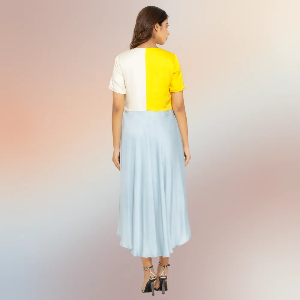 Yellow-Ice Blue-Ivory Tri-Color Block Midi Dress | Modal Silk | Occasion Wear
