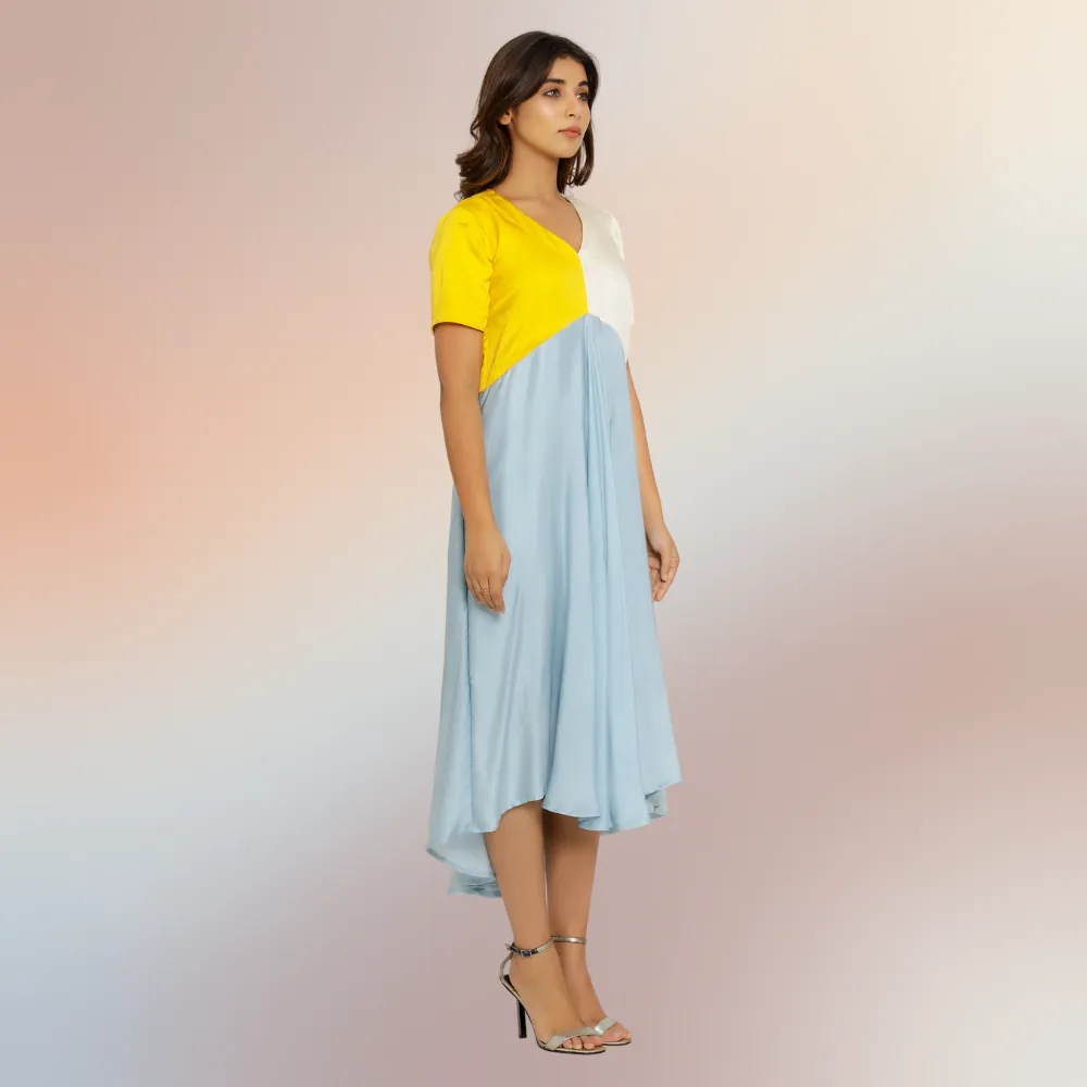 Yellow-Ice Blue-Ivory Tri-Color Block Midi Dress | Modal Silk | Occasion Wear
