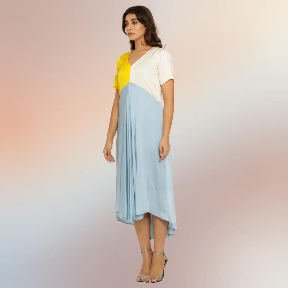 Yellow-Ice Blue-Ivory Tri-Color Block Midi Dress | Modal Silk | Occasion Wear