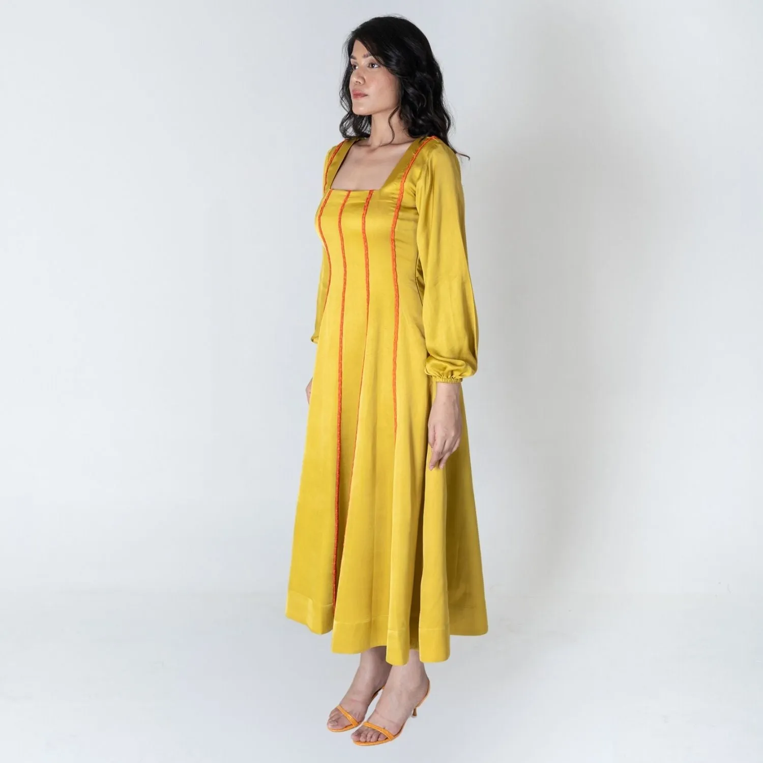 Yellow Maxi Dress | Orange Braid Embellished | Modal Silk | Style Statement