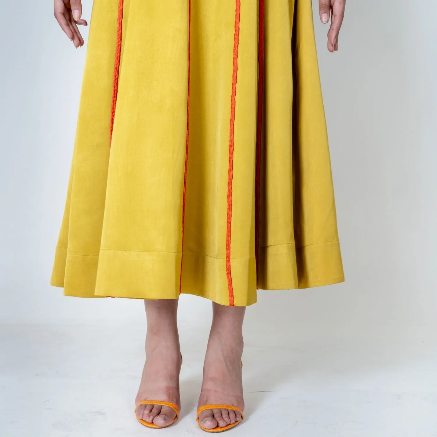 Yellow Maxi Dress | Orange Braid Embellished | Modal Silk | Style Statement