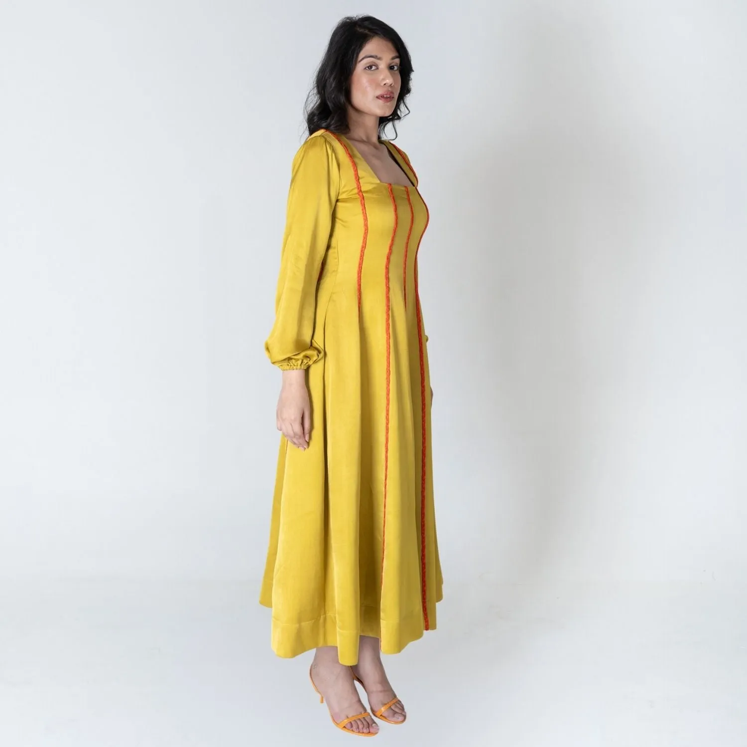 Yellow Maxi Dress | Orange Braid Embellished | Modal Silk | Style Statement