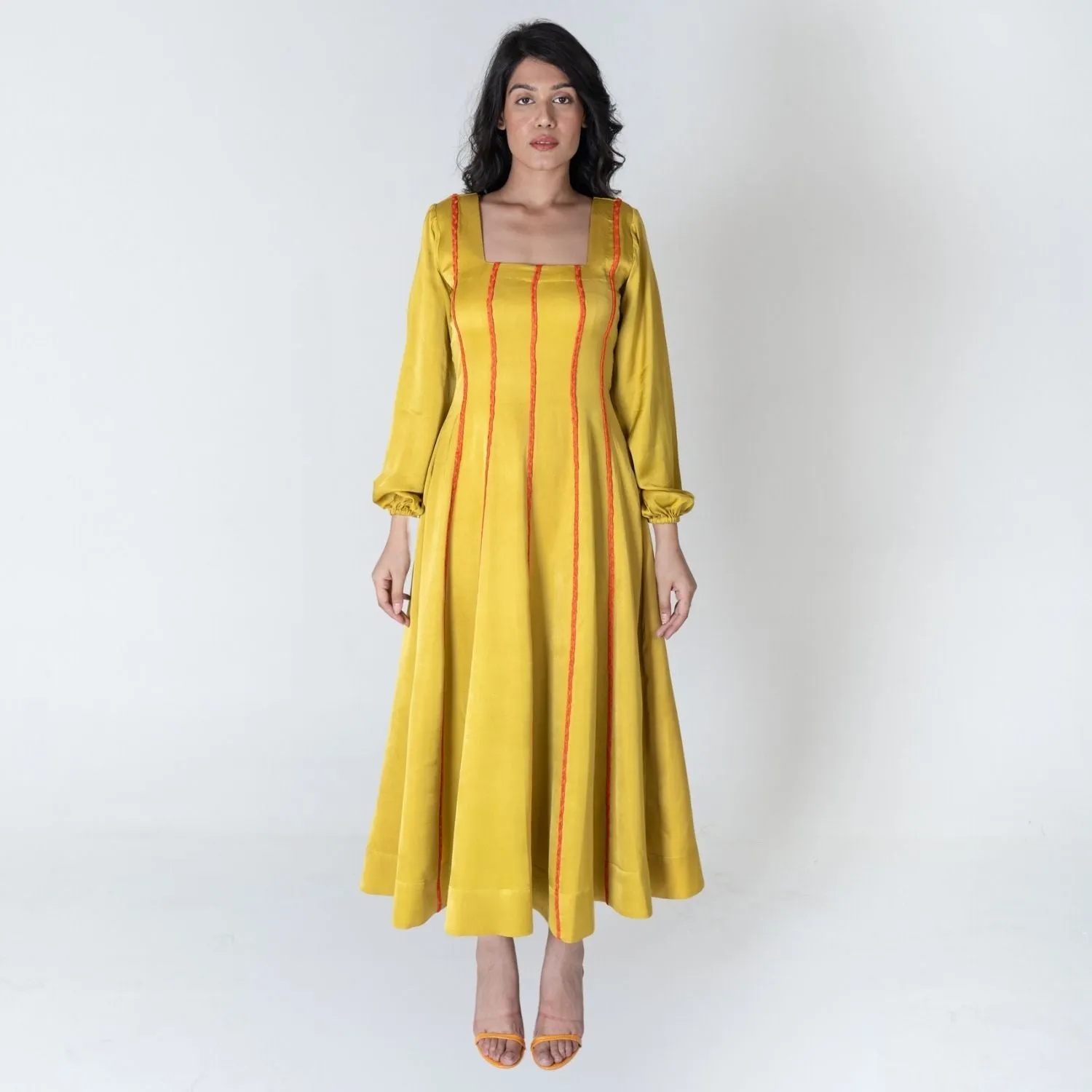 Yellow Maxi Dress | Orange Braid Embellished | Modal Silk | Style Statement