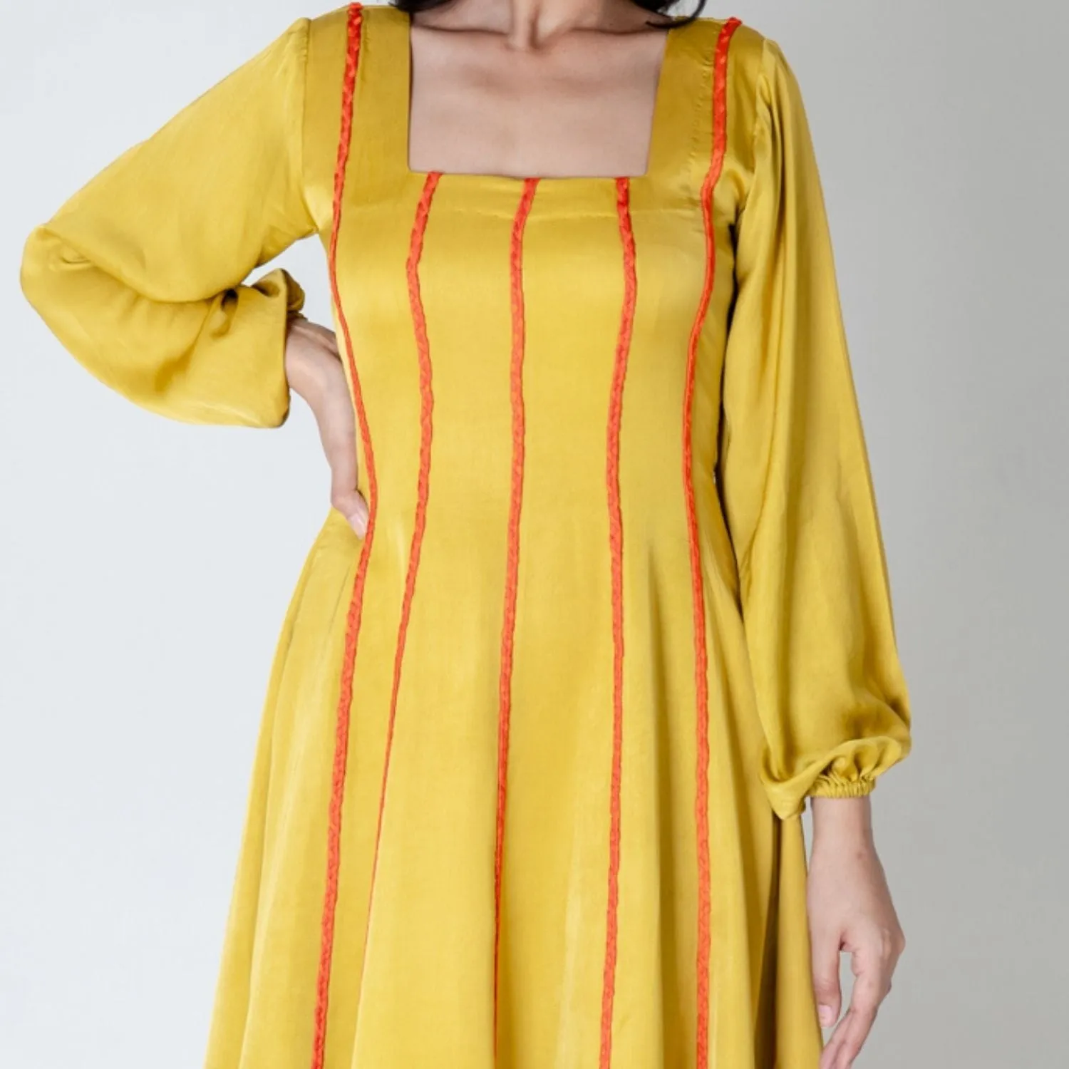 Yellow Maxi Dress | Orange Braid Embellished | Modal Silk | Style Statement
